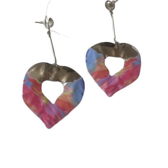 Bold Heart-Shaped Metal & Color Splash Drop Earrings - Picture 1 of 4